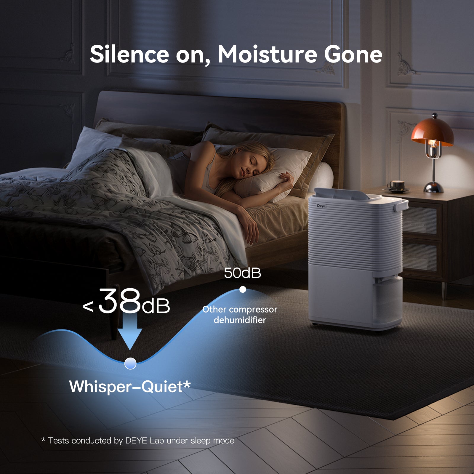 White Deye dehumidifier on bedroom floor near bedside table