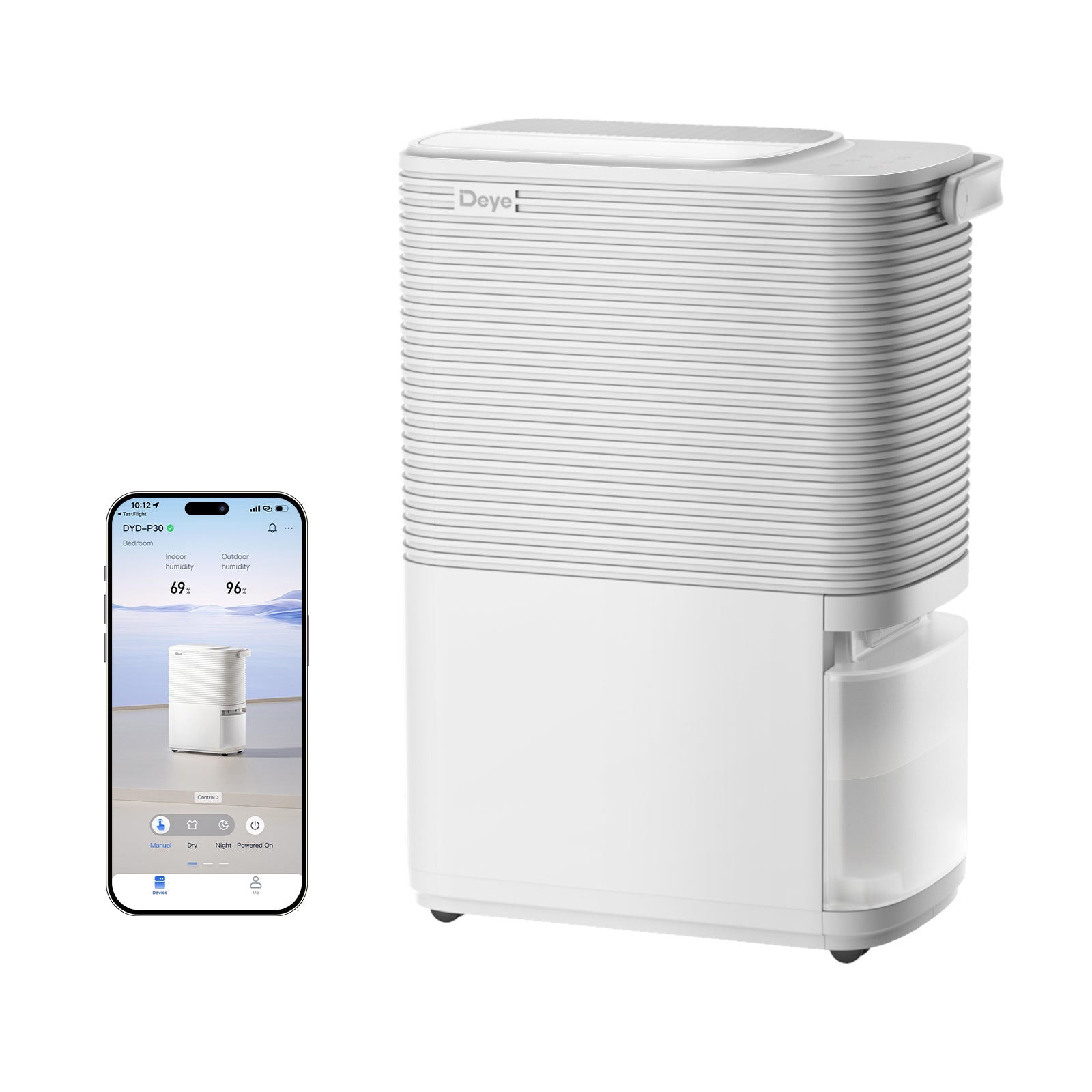 White Deye dehumidifier side view with smartphone app humidity screen