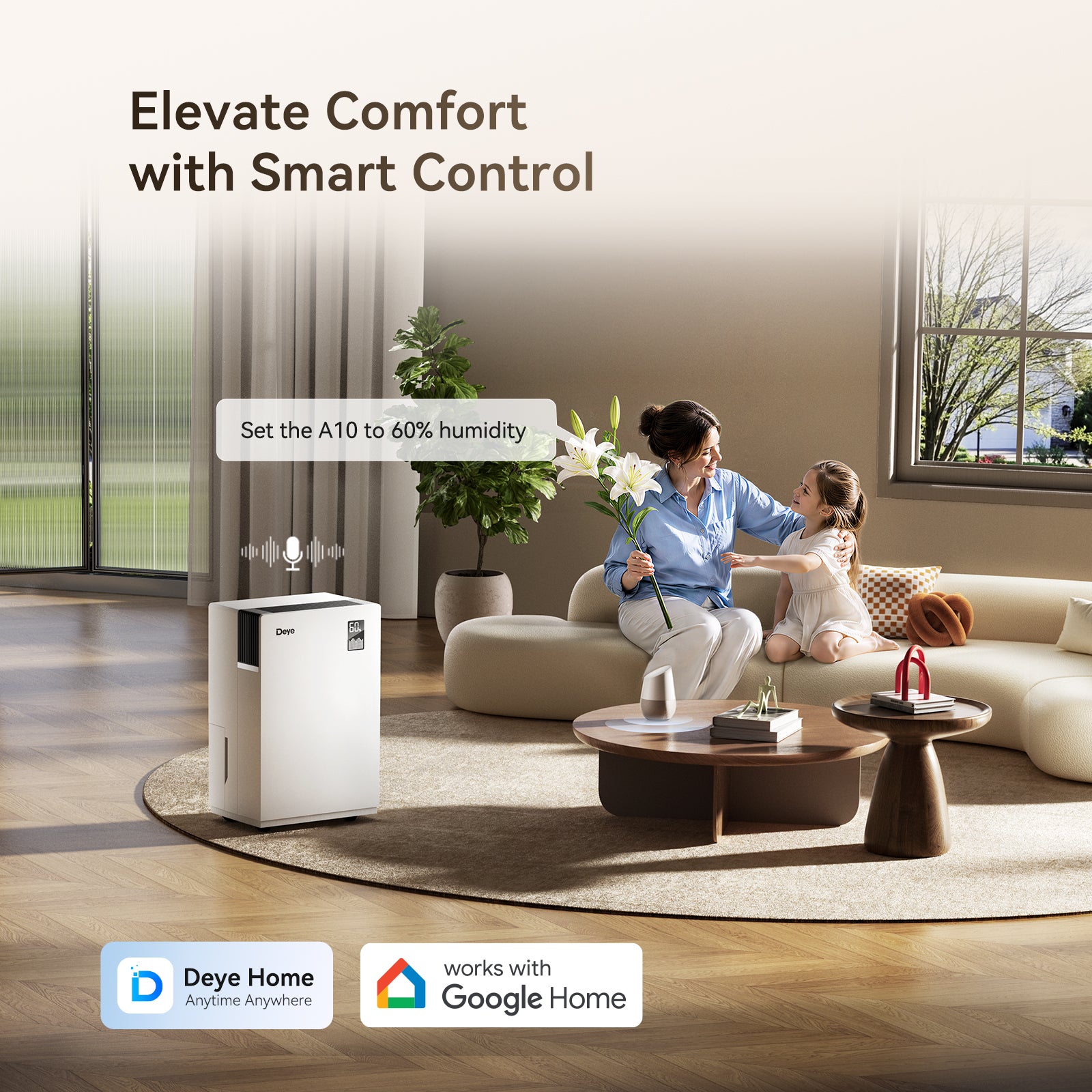 White compact dehumidifier with front control screen and side air intake.
