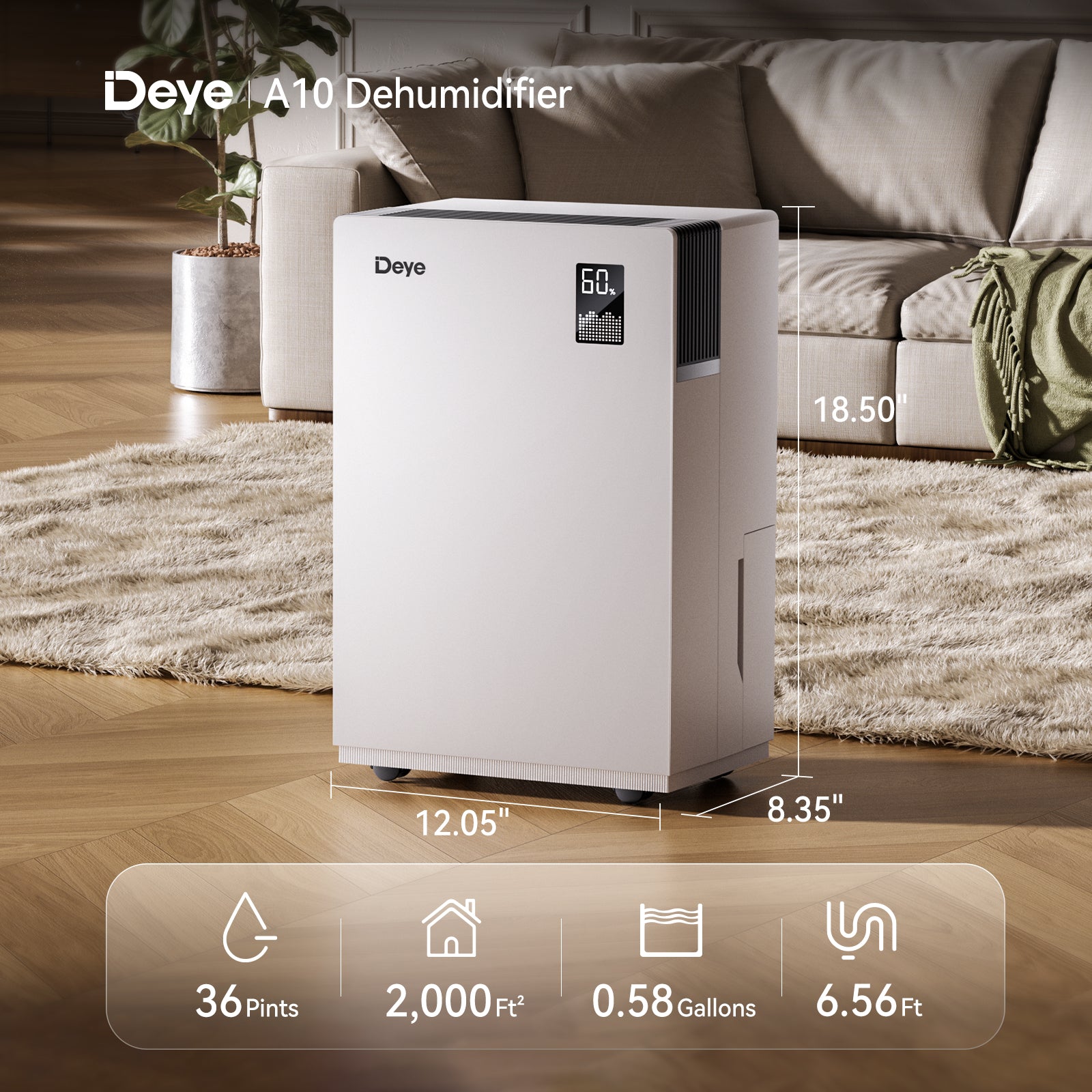 White dehumidifier with front control display showing 60% and side vent.