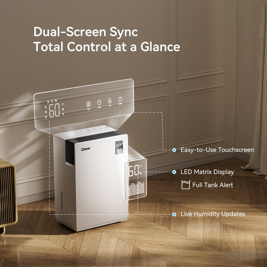 White dehumidifier with front control panel and side LED-style display.