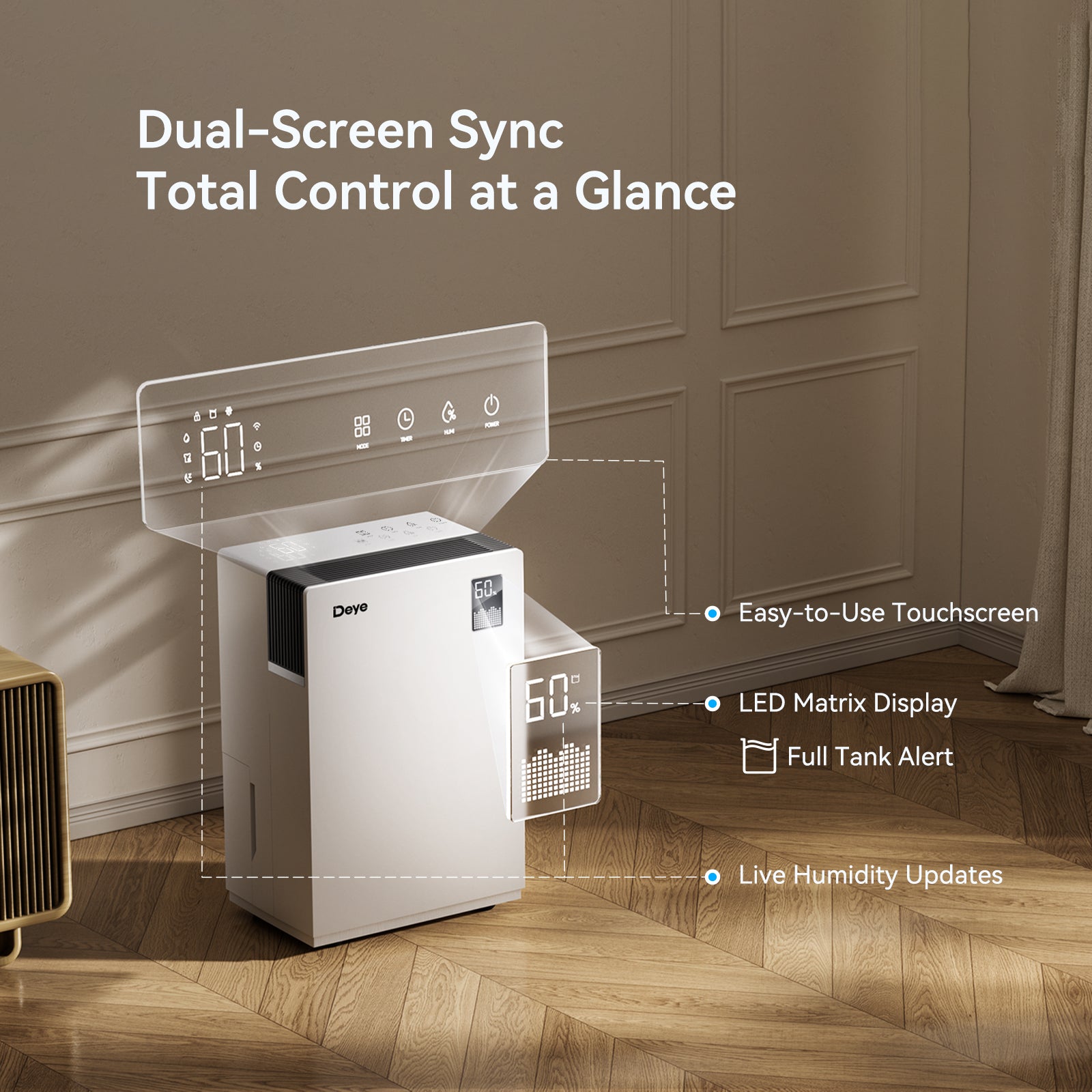 White dehumidifier with front control panel and side LED-style display.