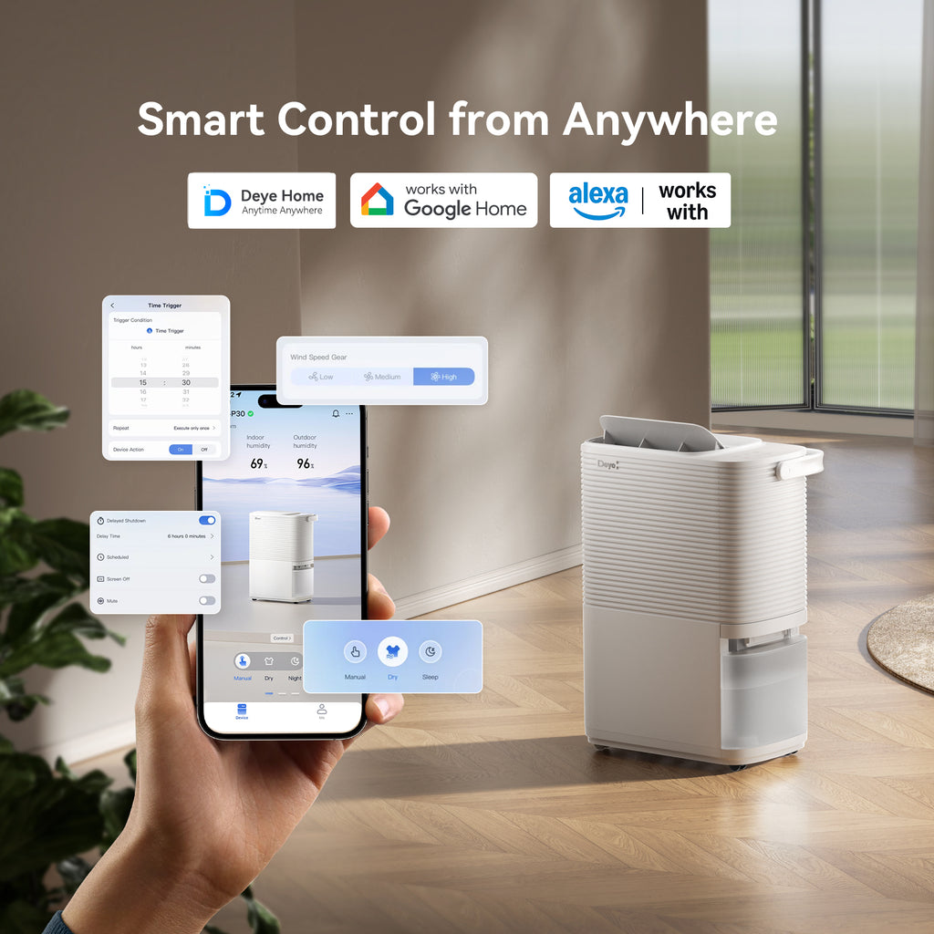 Deye dehumidifier with smartphone app controls and front air outlet vent