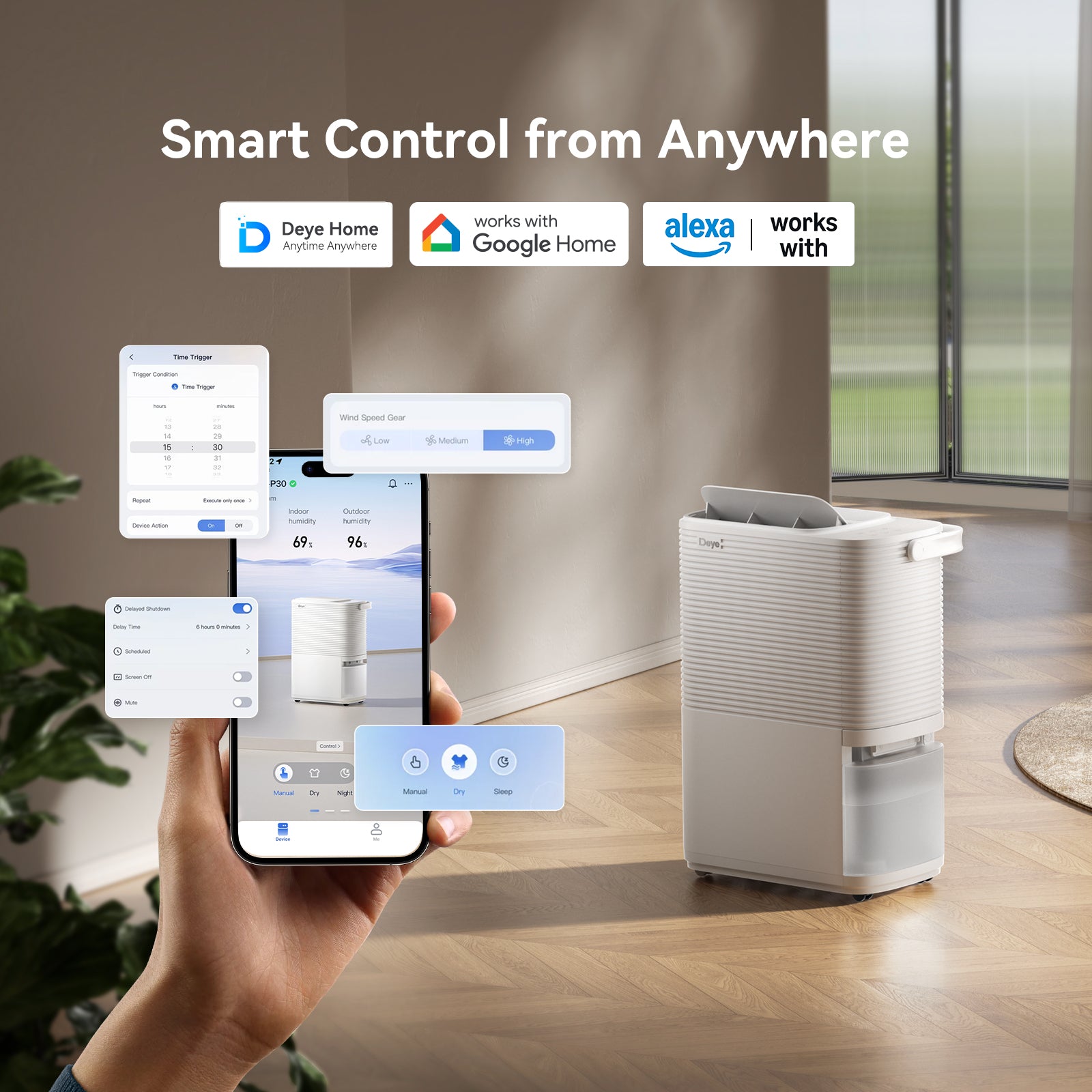 Deye dehumidifier with smartphone app controls and front air outlet vent