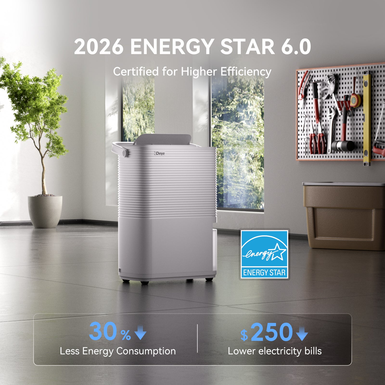 White Deye dehumidifier with Energy Star efficiency badge