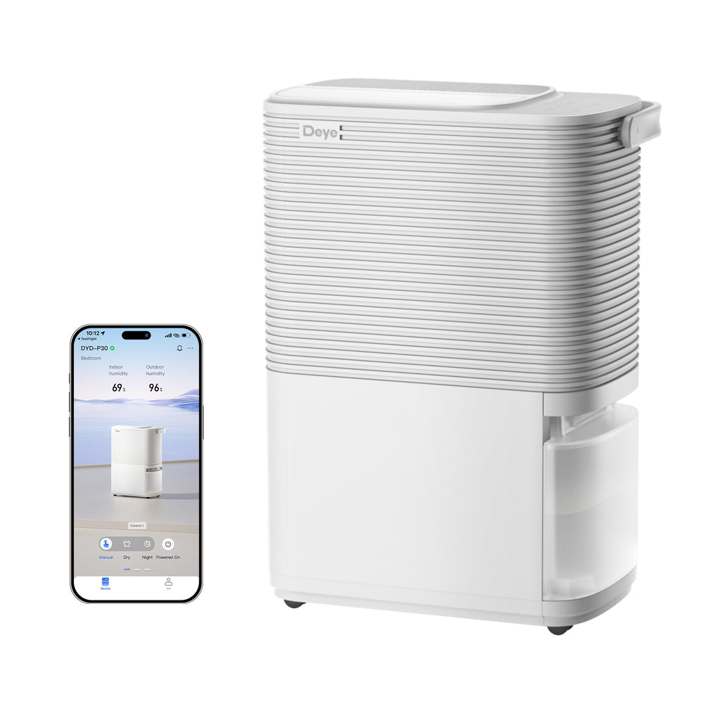White Deye dehumidifier side view with smartphone app humidity screen