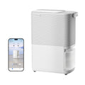 White Deye dehumidifier side view with smartphone app humidity screen