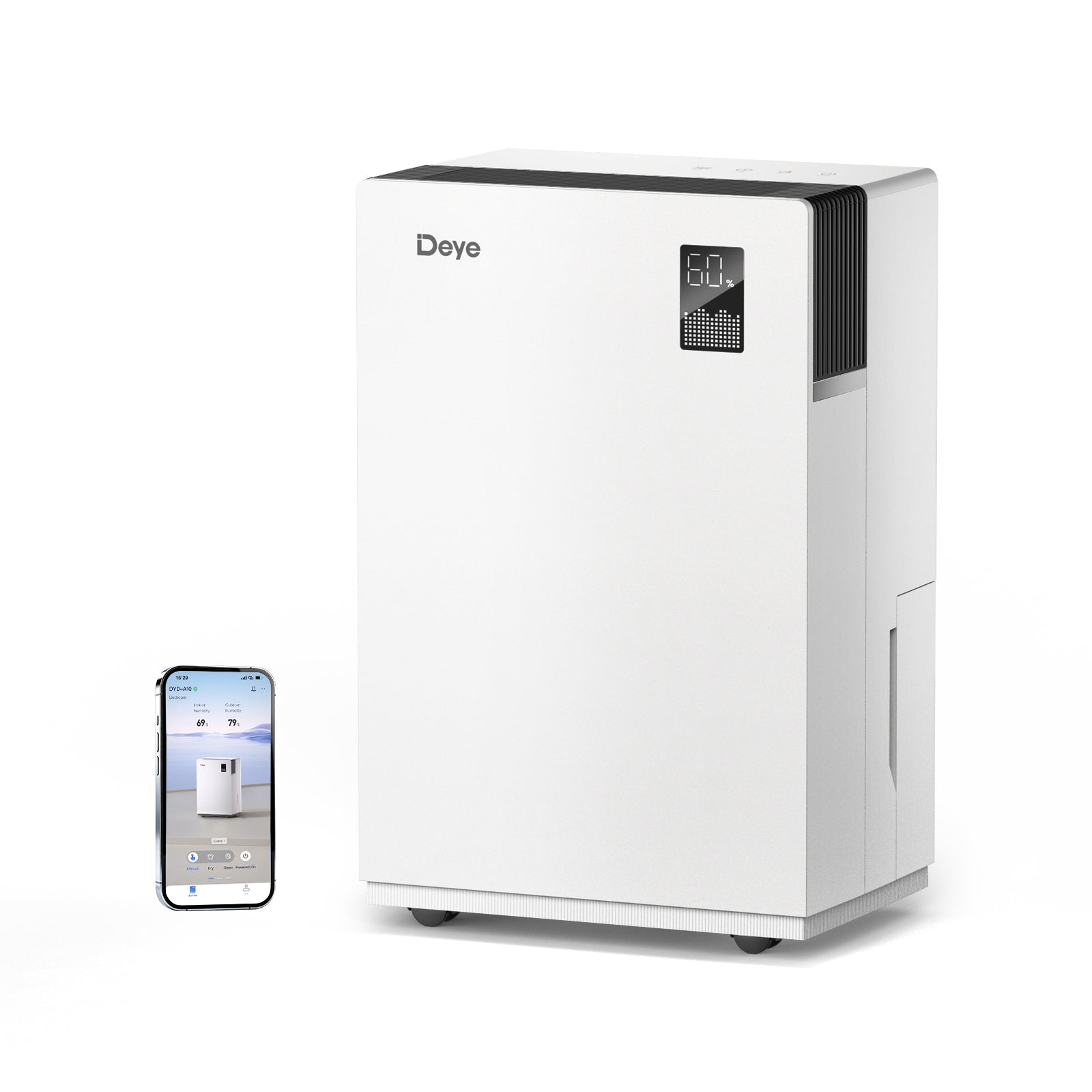 White Deye dehumidifier with digital display and top vent fins.