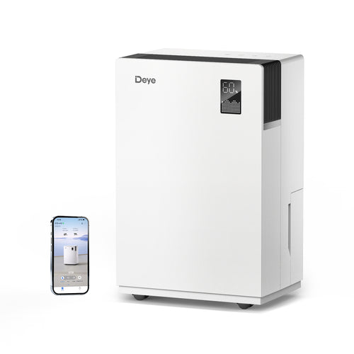 White Deye dehumidifier with digital display and top vent fins.