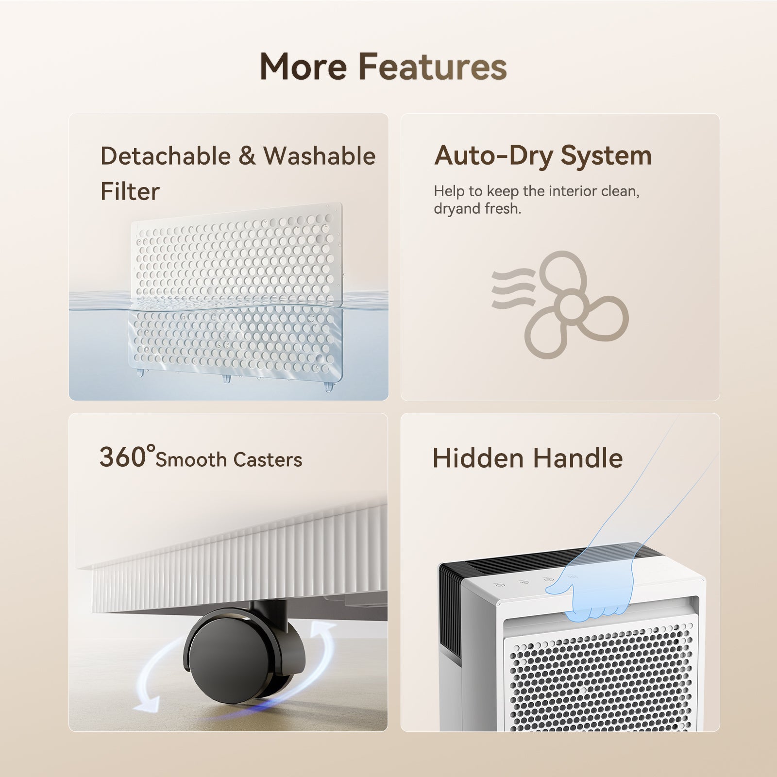 White dehumidifier with detachable, washable filter and vented front grille.